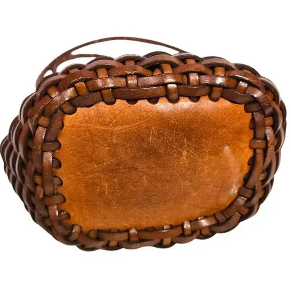 Vintage Ellepi Woven Bucket Bag Brown Leather Crossbody Drawstring Cottagecore - Picture 5 of 16